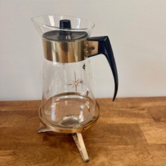 Corning Ware Atomic Starburst Coffee Carafe 36 oz with Brass Warmer Vintage Mid - Picture 10 of 10